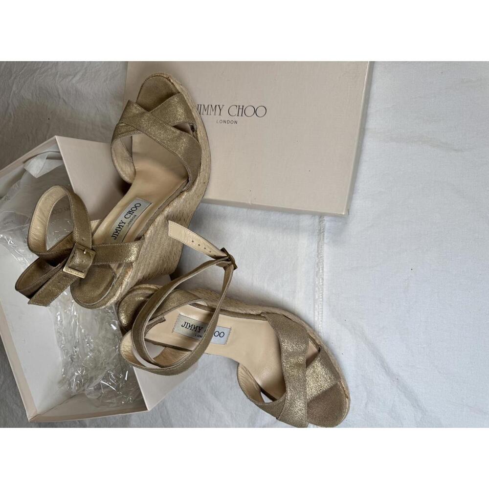 Leather espadrilles Jimmy Choo Gold Wedge Sandals with Ankle Strap